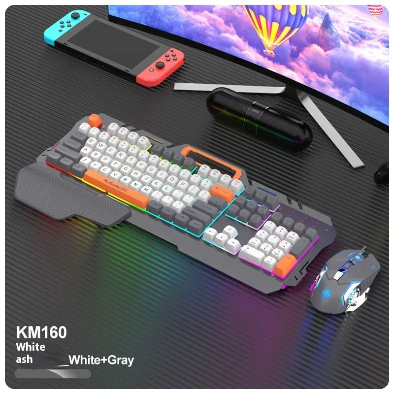 Blue wired gaming keyboard and mouse set with backlit keys and USB cable