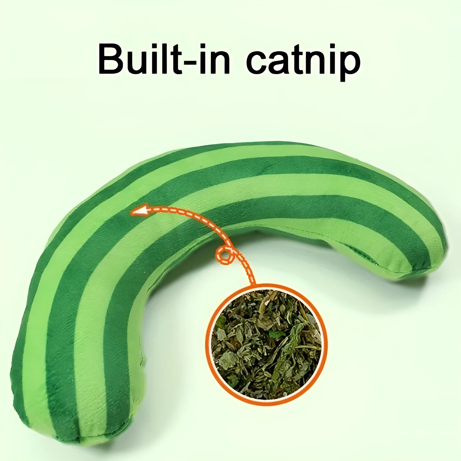 Green, rainbow, and yellow striped plush cat pillow with attached noise toy, measuring 23cm by 20cm.