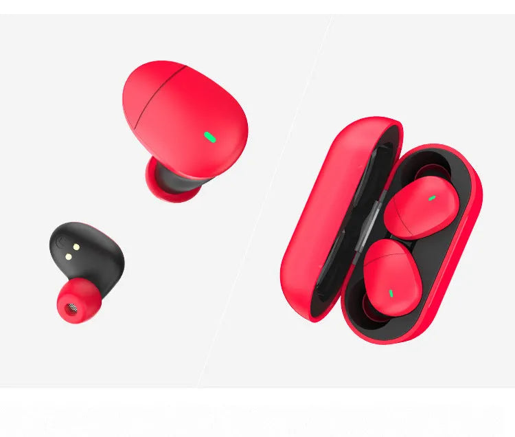 Flame red Qualcomm TWS 3040 wireless Bluetooth headset with earplug design and charging cable