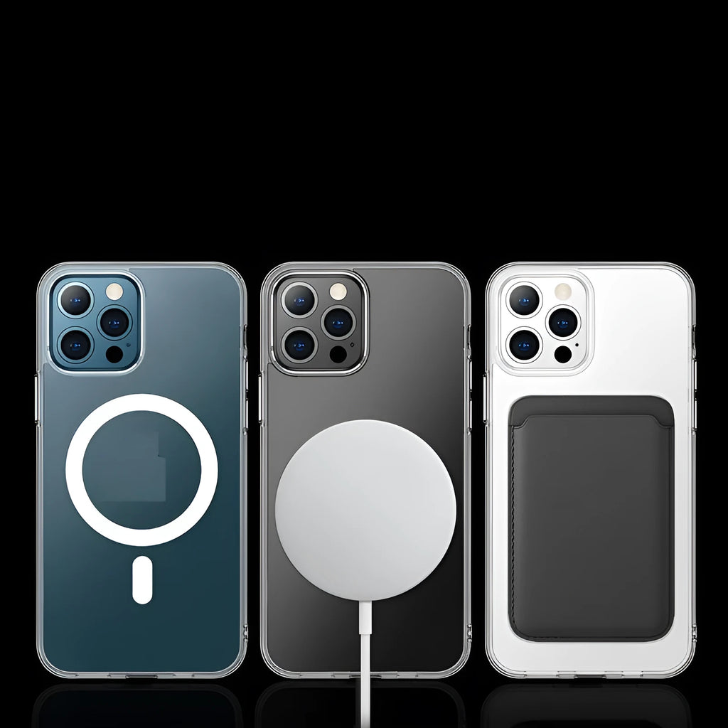 Transparent magnetic back cover case for iPhone on a table, showing MagSafe compatibility.