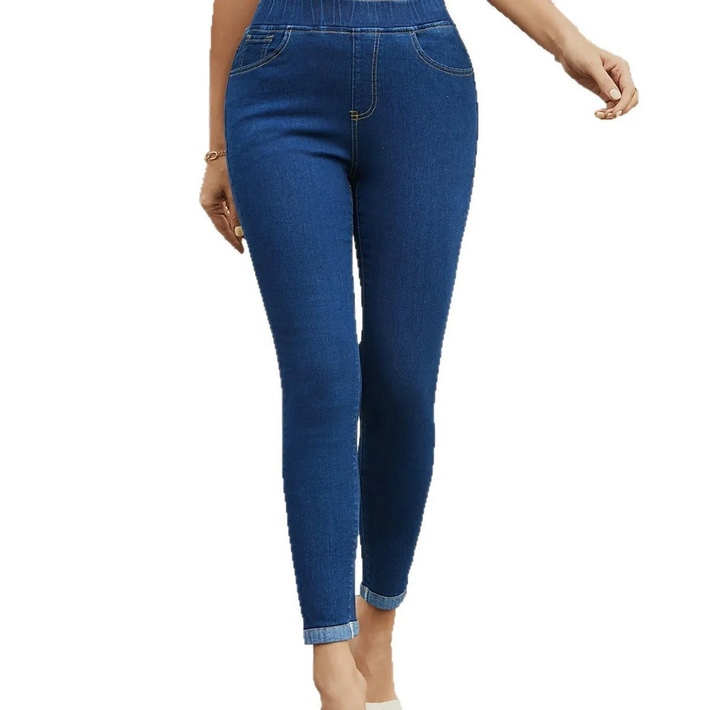 Blue elastic waist stretch slimming ankle-length jeans for women mid waist skinny cotton blend