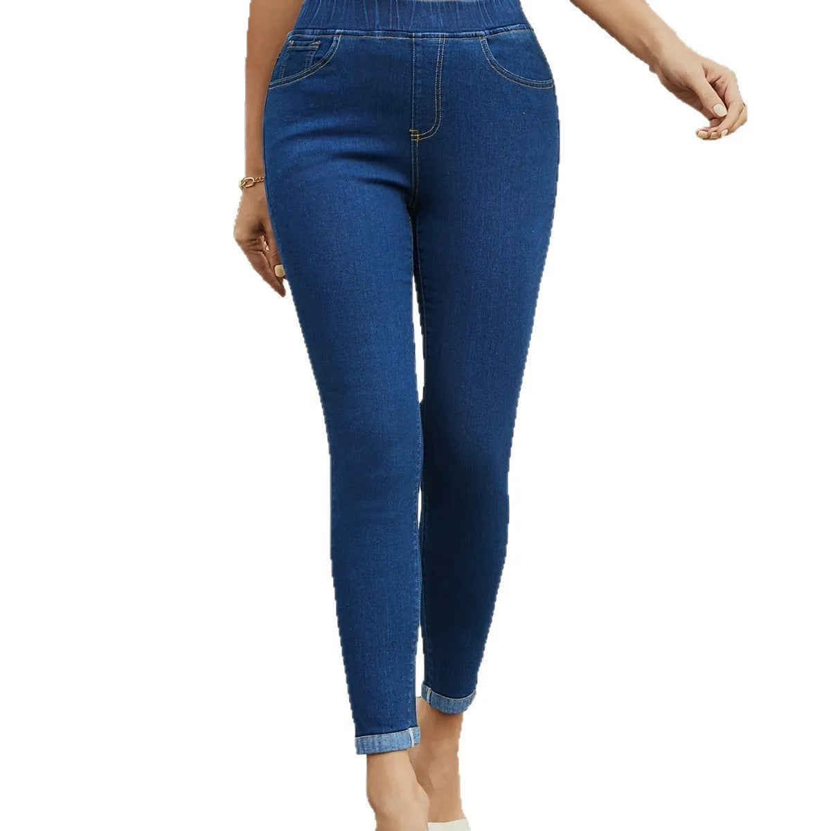 Blue elastic waist stretch slimming ankle-length jeans for women mid waist skinny cotton blend