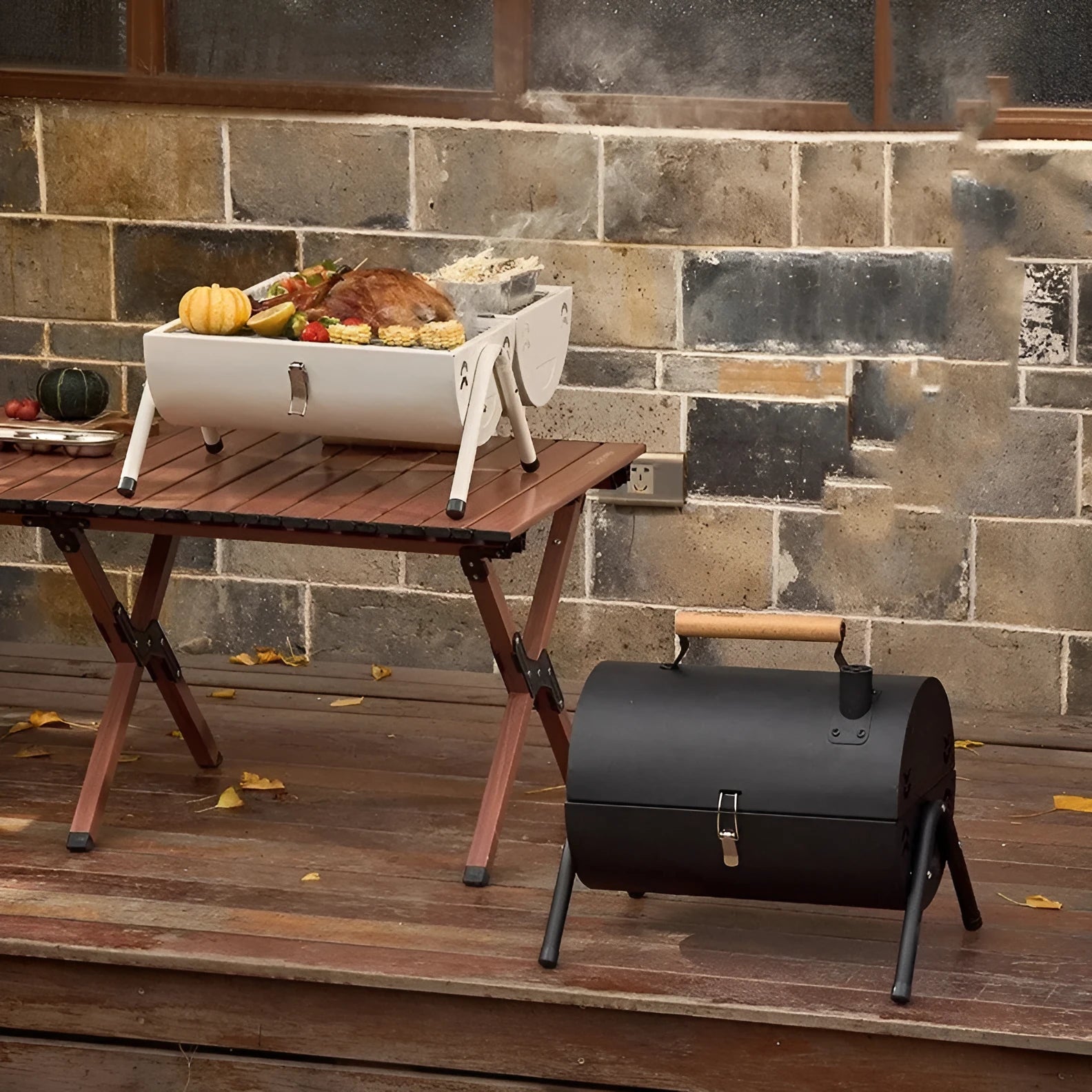 White round chimney portable folding grill with carbon tanks and grilling mesh for outdoor cooking