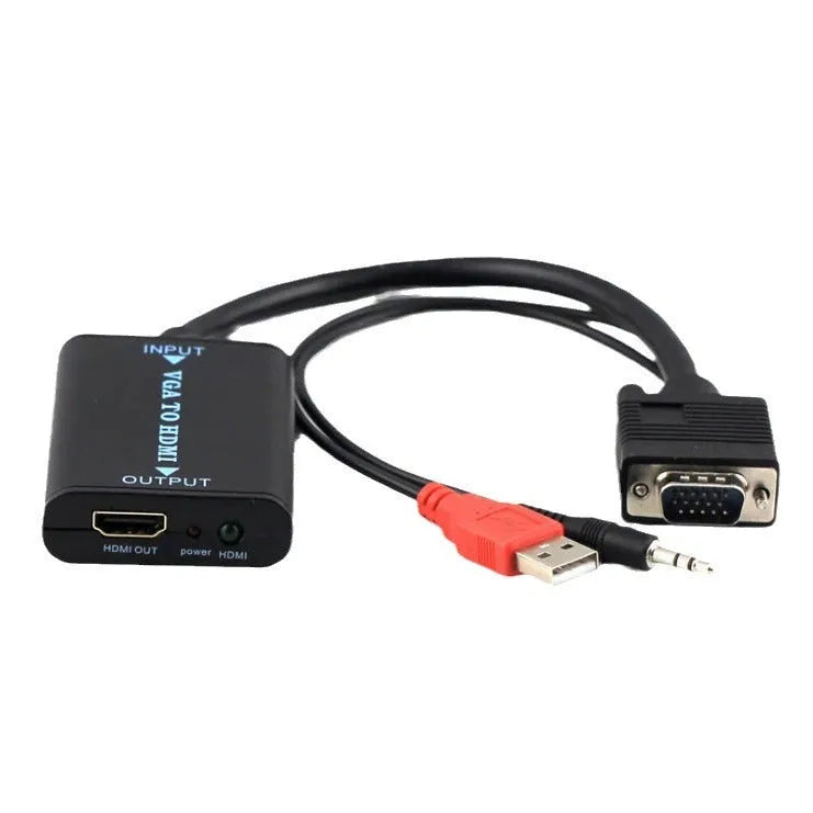 Black VGA to HDMI female converter with USB cable for audio support and power