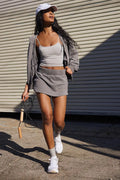 Women's blue polyester hooded jacket and matching miniskirt street style co-ord outfit
