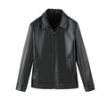 Men's black loose fit PU leather casual jacket with zip and pockets