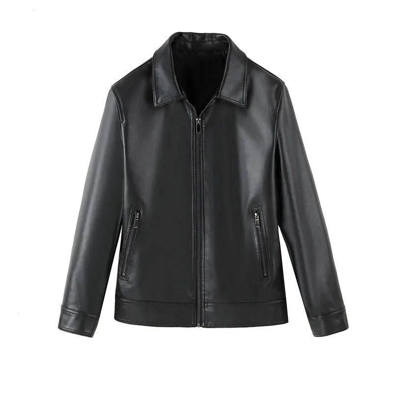 Men's black loose fit PU leather casual jacket with zip and pockets