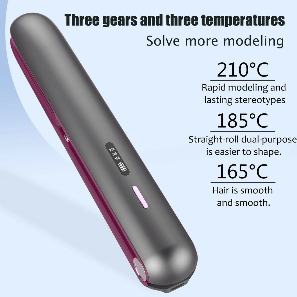 Moon shadow grey wireless hair straightener with tourmaline ceramic plates showing temperature control buttons