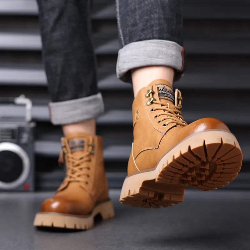 Men's brown leather high-top boots with side zipper and mid heel for height increase