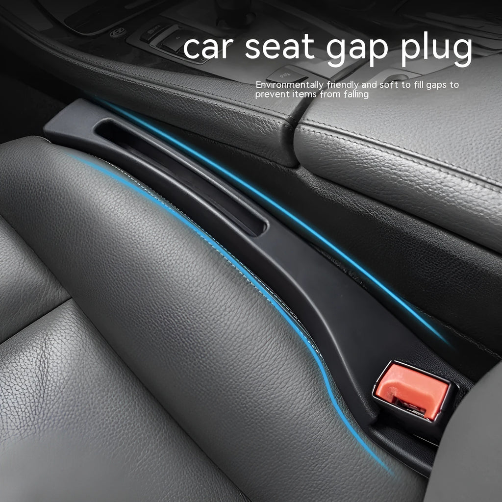 Black car gap storage box with handle placed between vehicle front seats
