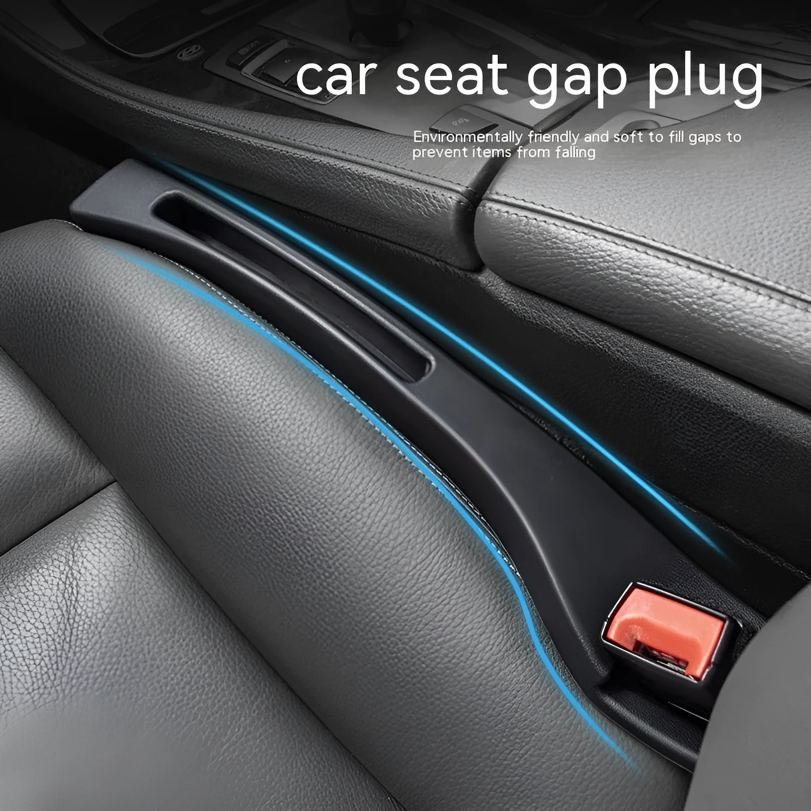 Black car gap storage box with handle placed between vehicle front seats