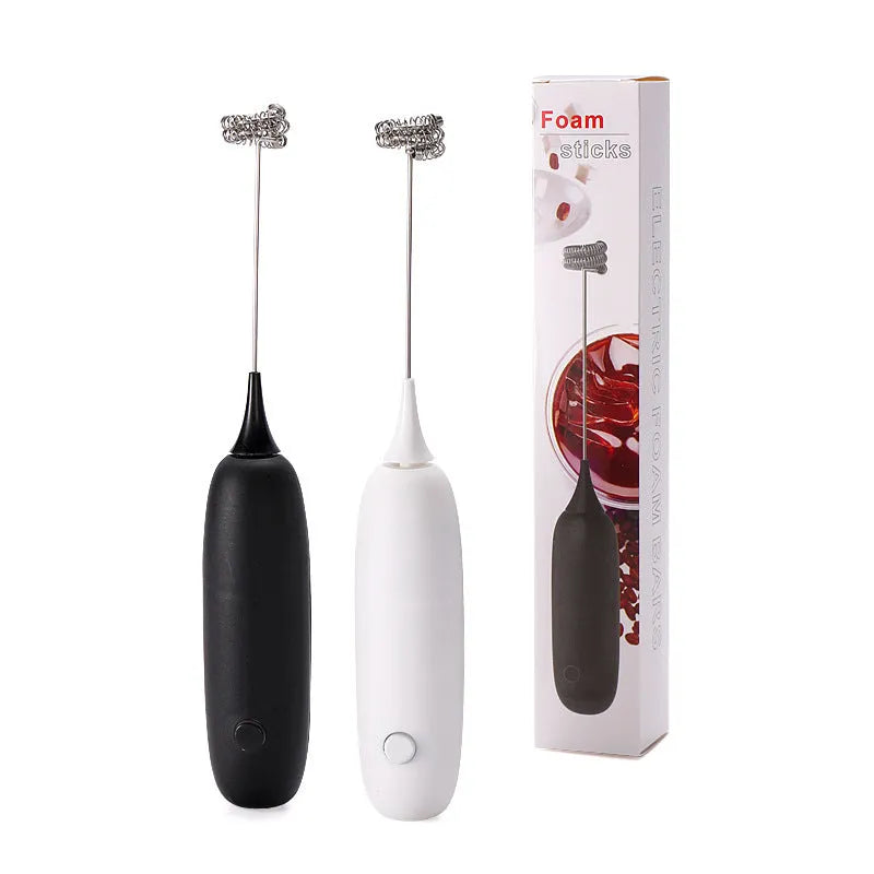 Black and white handheld electric milk frother blender with modern design