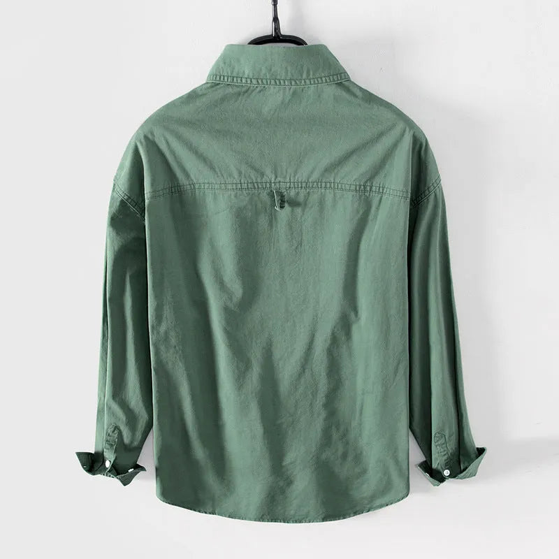 Men's cotton casual shirt jacket in khaki, loose fit cardigan style with long sleeves