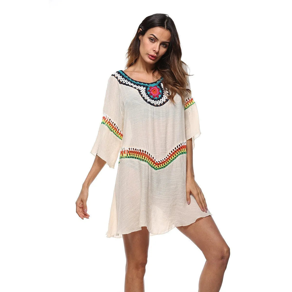 Women's crocheted polyester beach cover-up in apricot colour, shown as a sun protection top for swimming.