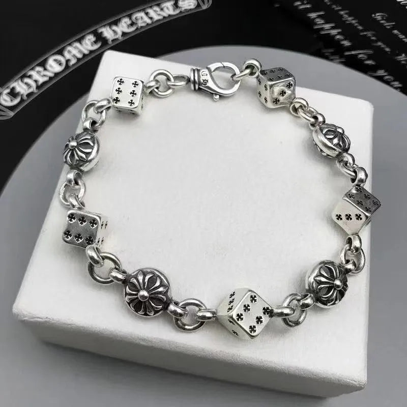 Silver titanium steel dice bracelet 20cm unisex retro electroplated chain bracelet with cross and diamond elements