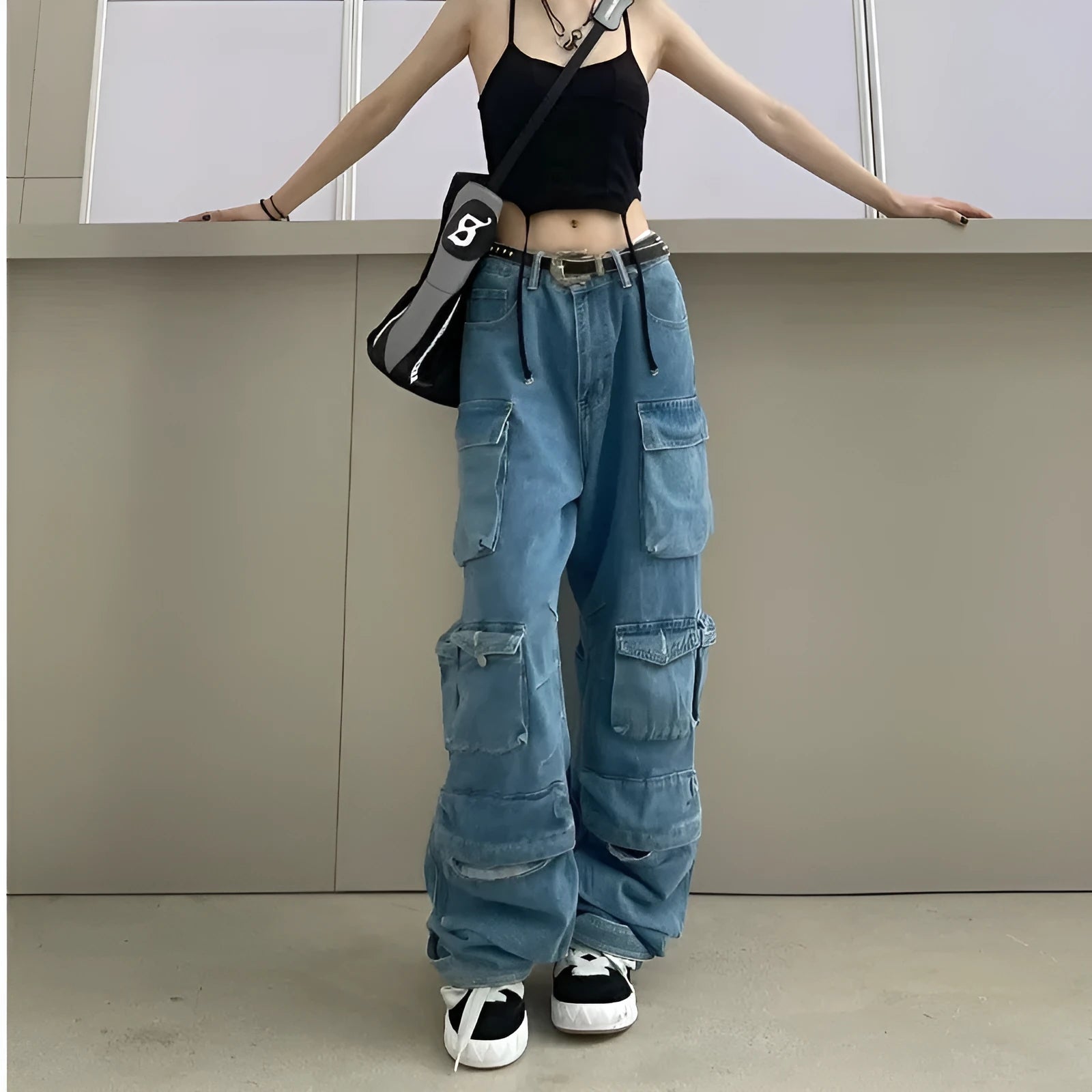 Women's blue tie-dyed high waist wide leg trousers with multiple pockets and street hipster styling