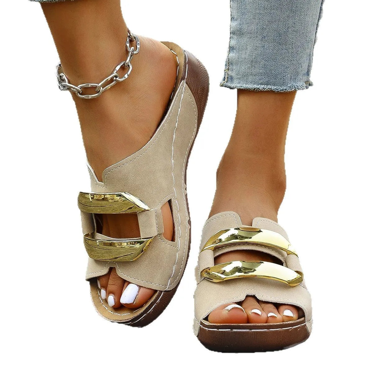 Roman style platform sandals in black, flat heel, breathable casual flip-flops