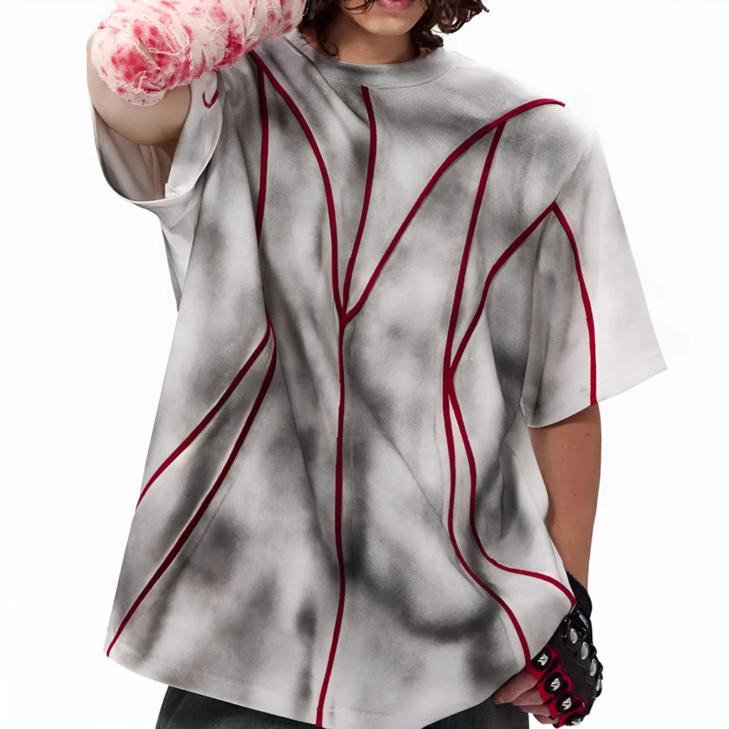Short sleeve T-shirt with padded shoulders and textured line patchwork design