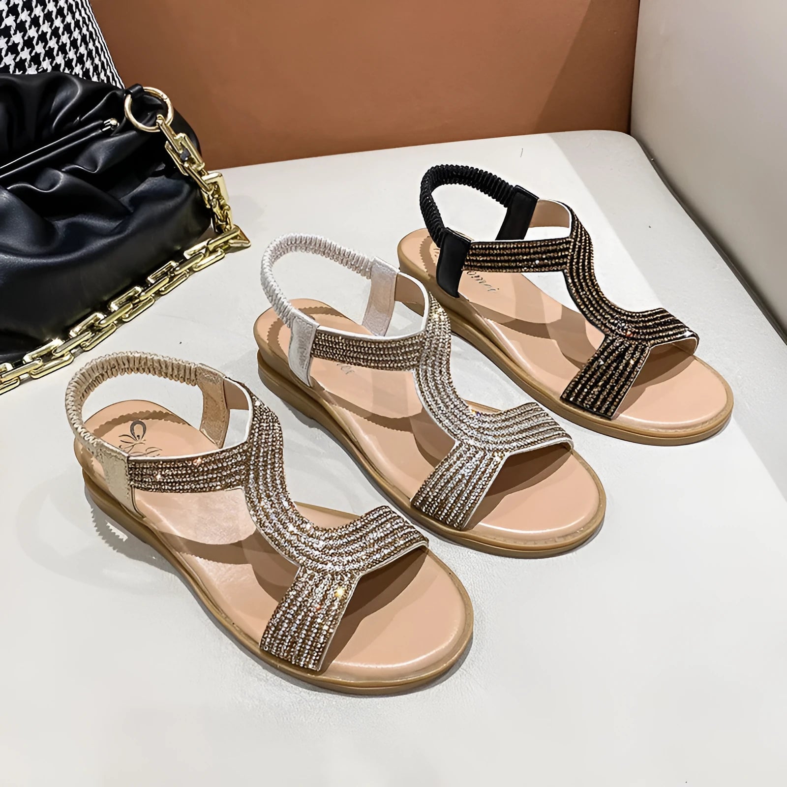 Women's patent leather beach sandals with rhinestone decoration on round toe in gold colour