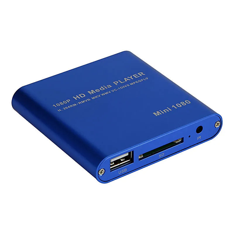 Compact black 1080p Full HD media player with HDMI, SD card, and USB ports on a white background.