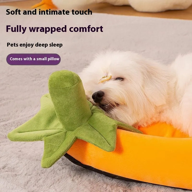 Removable washable dog bed mat in purple, orange, brown, and grey colours on a white background.