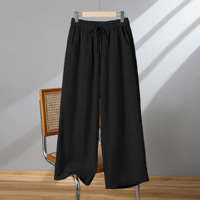 Women's straight-leg casual trousers with elastic waist and lace-up drawstring in four colour options