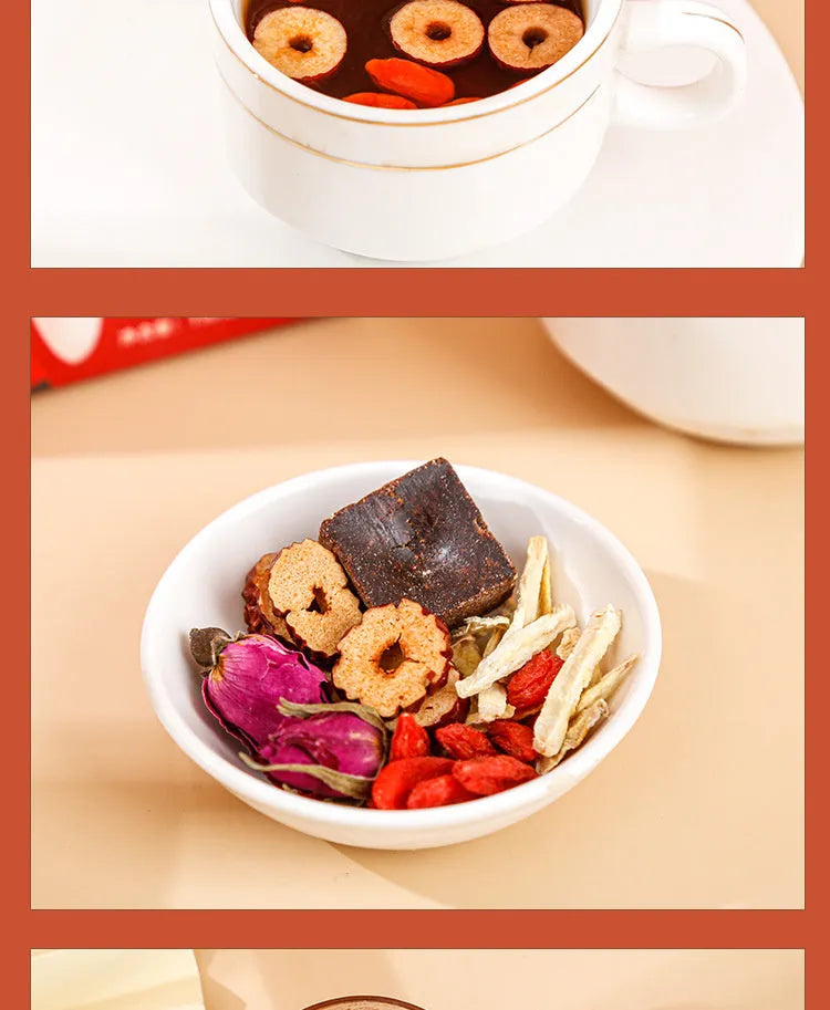 A 150g box of brown sugar ginger tea bags containing red dates, wolfberry, longan and rose