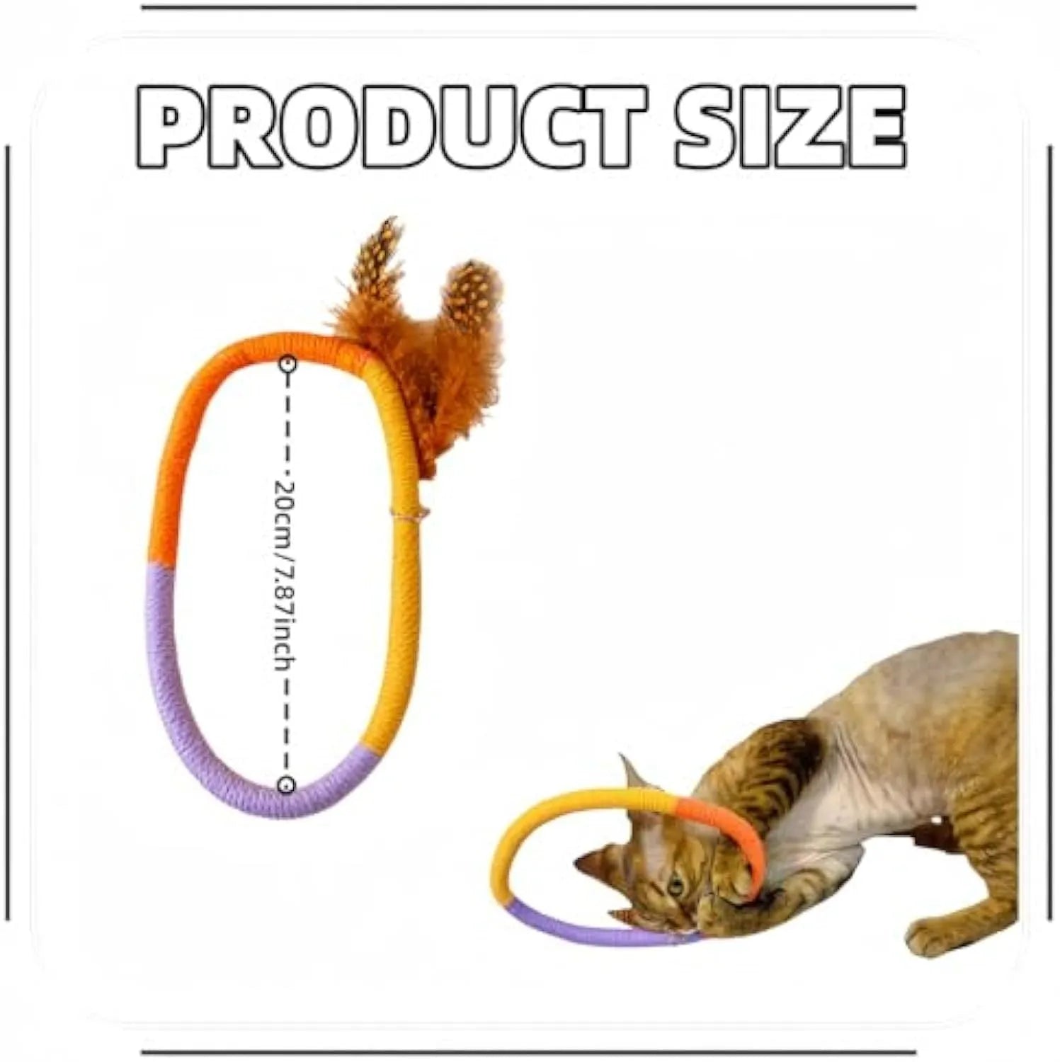 Circular cotton rope cat toy with feathers and catnip measuring 25cm in green and purple colours