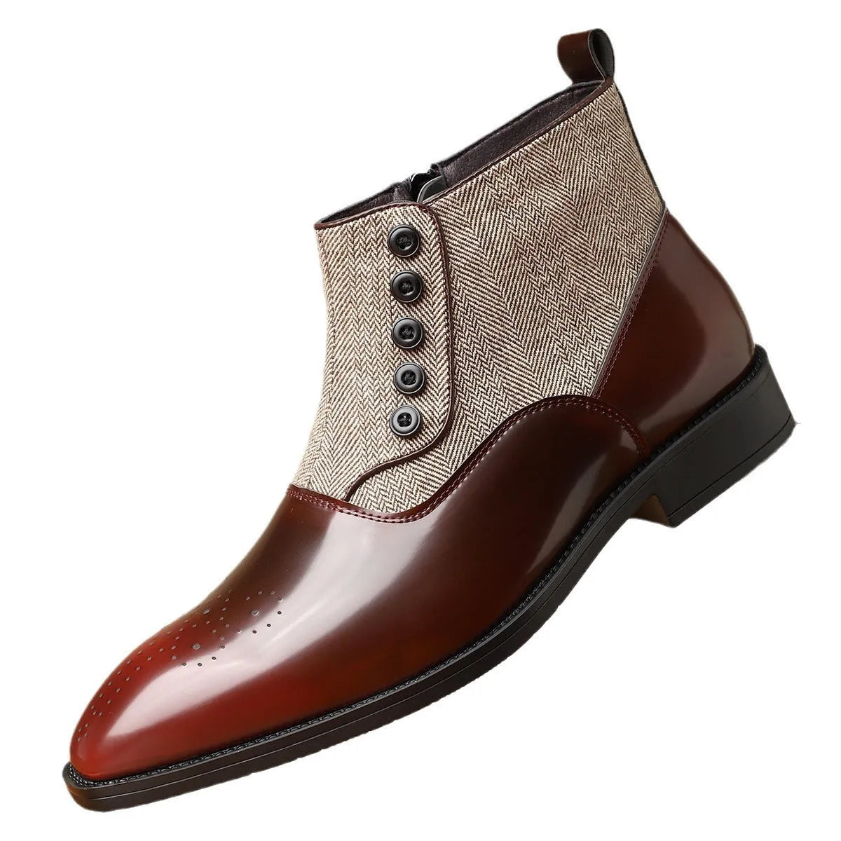 Men's brown and green retro-style formal shoes with side zipper and square toe.