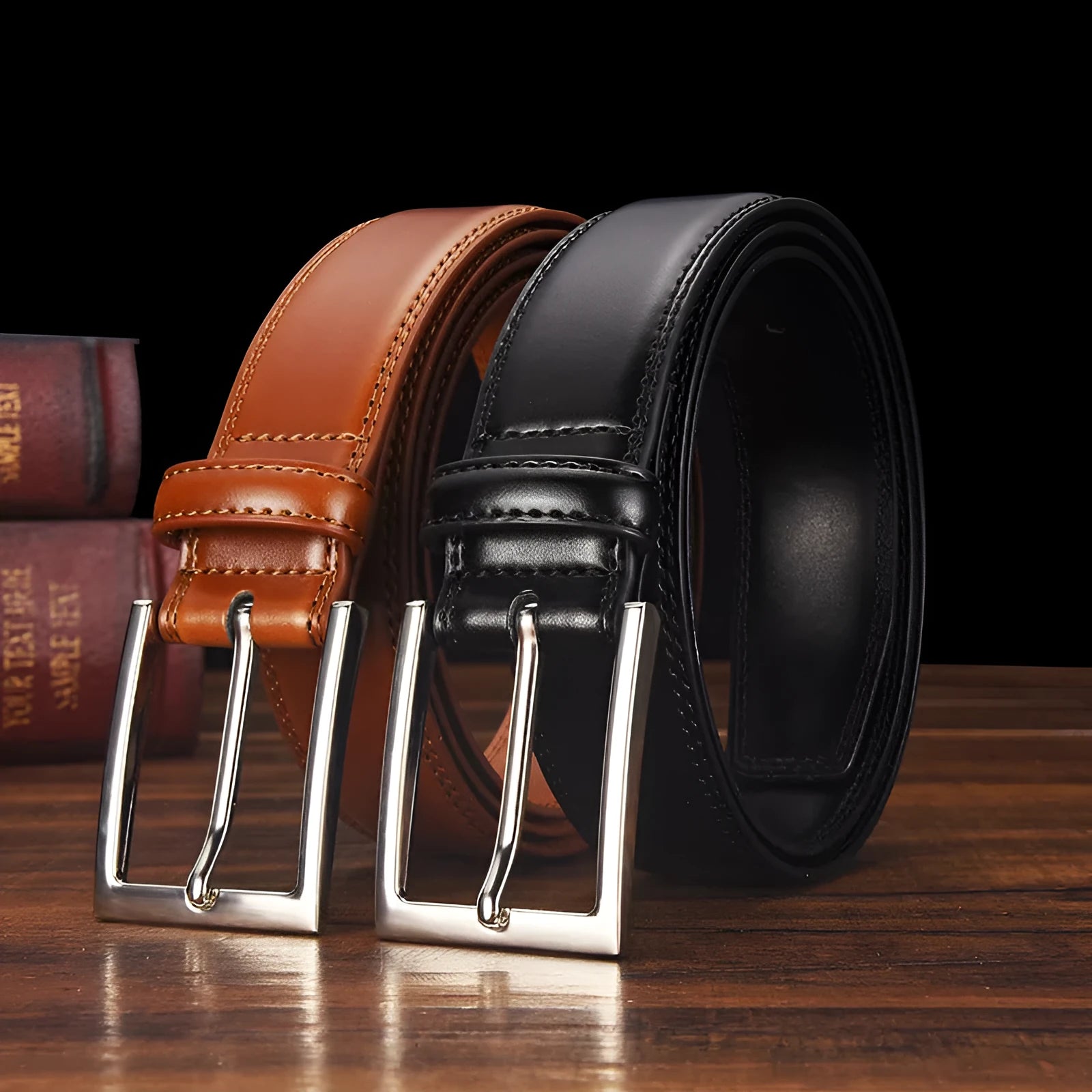 Men's classic black leather belt with a silver alloy pin buckle on a white background
