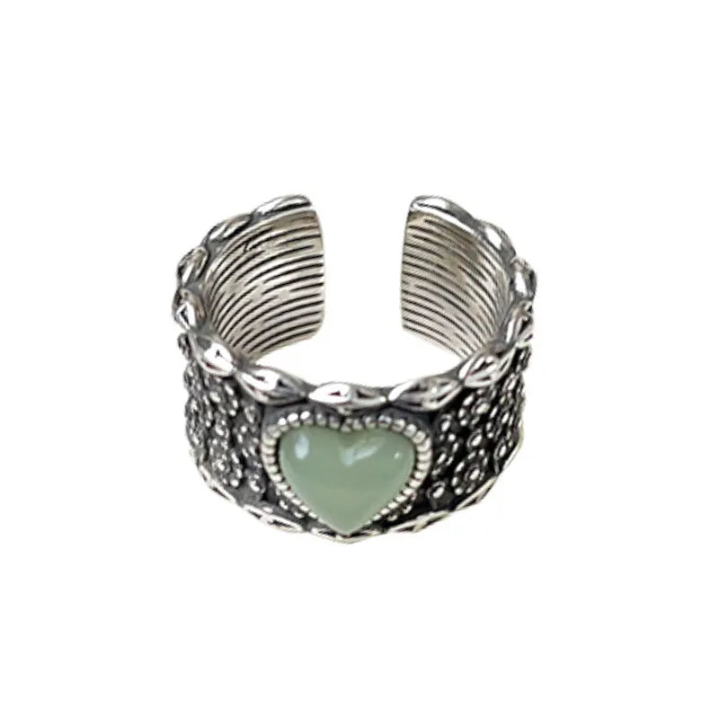 Retro wide-faced adjustable ring with heart shape and moon design in white copper plated silver
