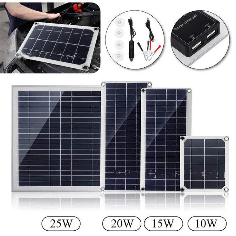 10W polycrystalline silicon solar panel with dual USB ports for outdoor charging.