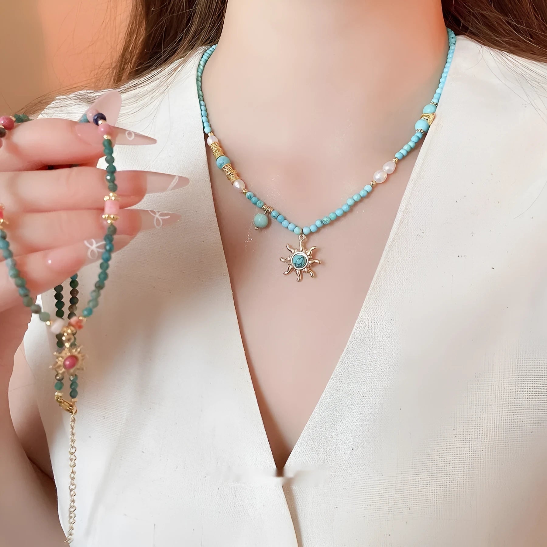 Freshwater pearl necklace with stone sun pendant, French court style, blue and golden-blue-pink colours