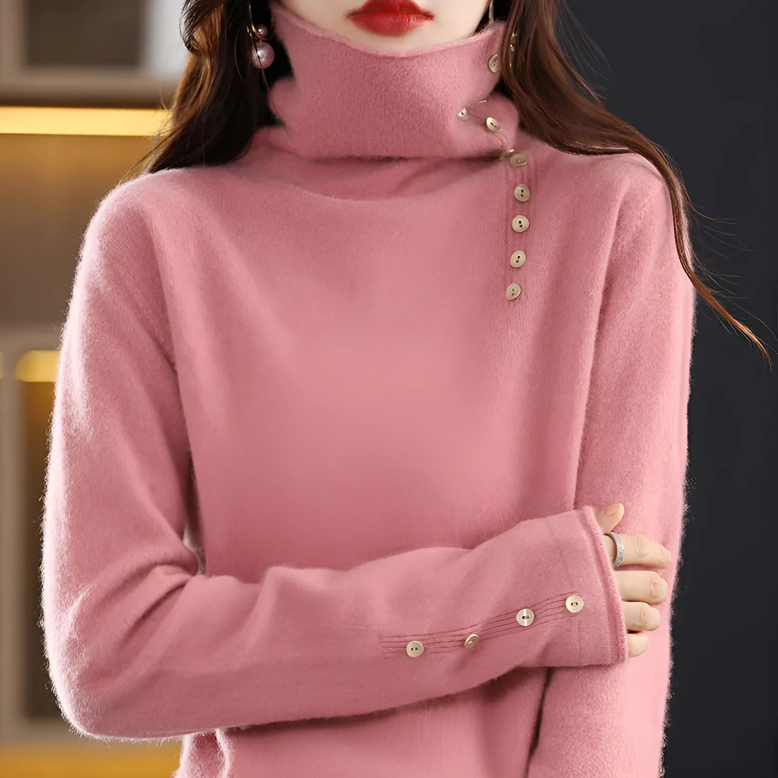 Women's slim fit knitted bottoming shirt in core-spun yarn showing light camel colour option