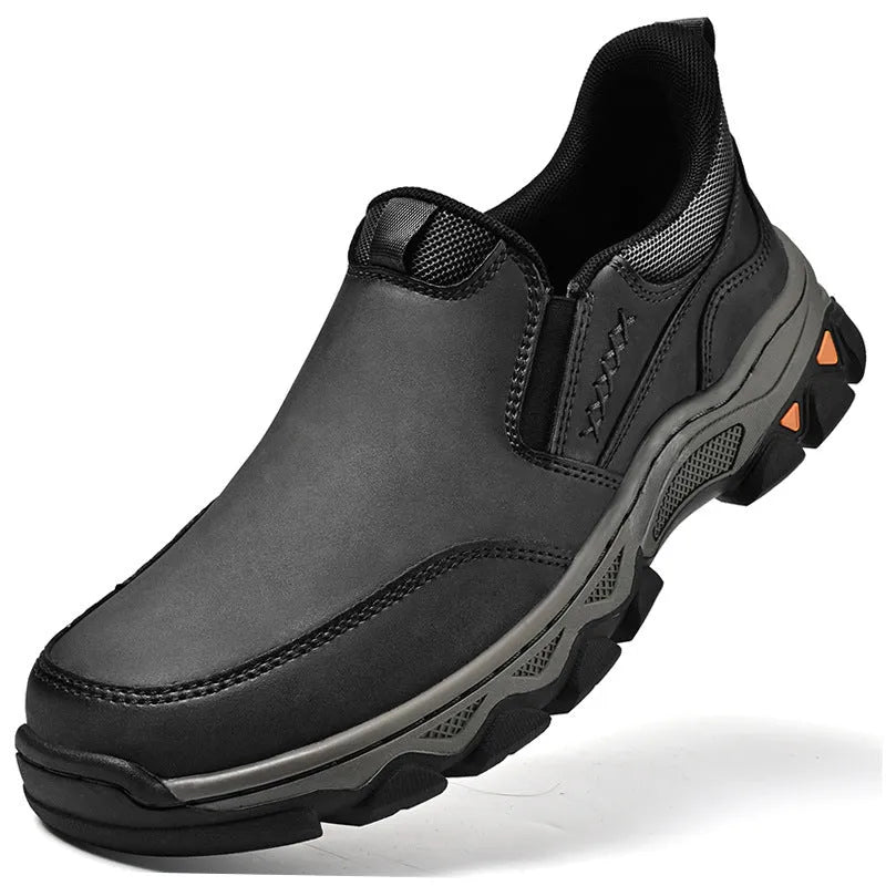 Men's dark brown casual leather shoes with round toe and rubber sole