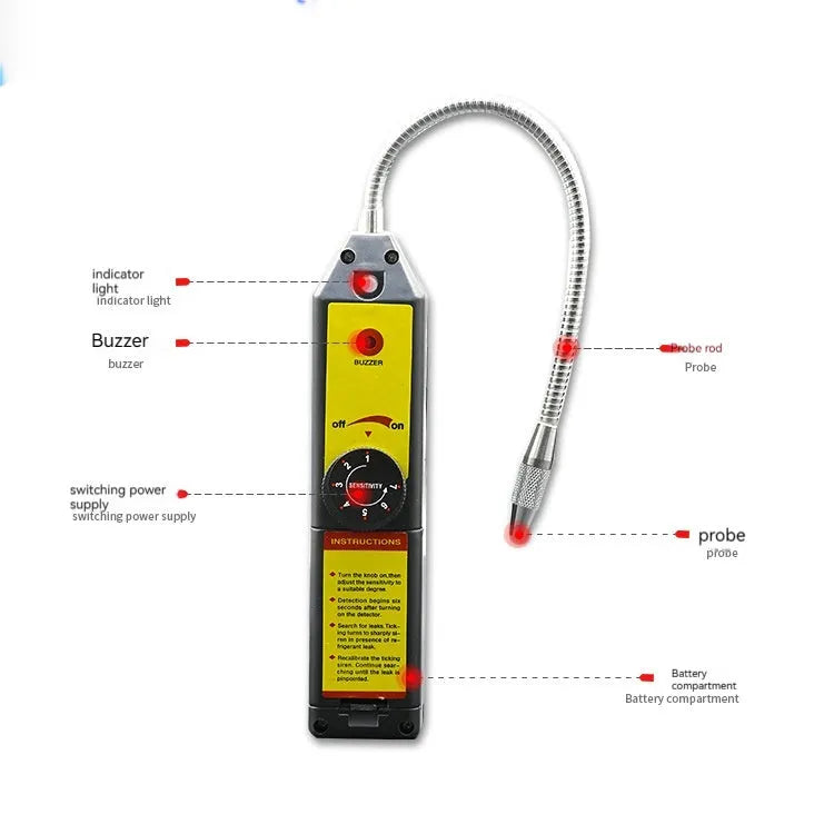 WJL-6000 electronic halogen leak detector with extended 20cm probe for car air conditioning refrigerant leaks.