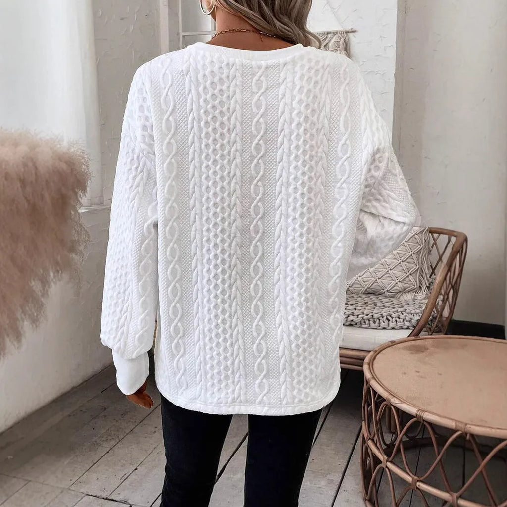 Milky white casual loose fit long sleeve t-shirt with three-dimensional pattern design