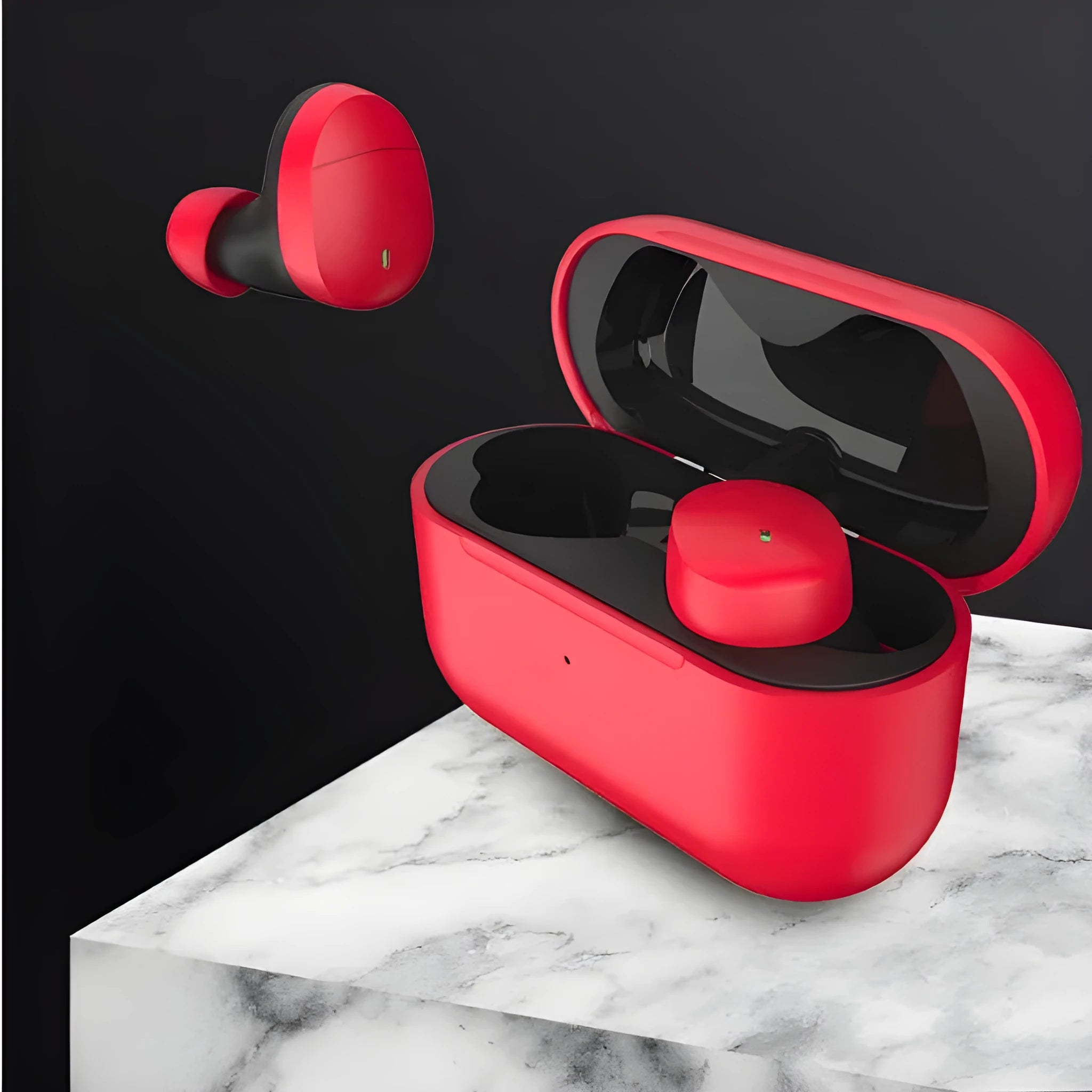 Flame red Qualcomm TWS 3040 wireless Bluetooth headset with earplug design and charging cable