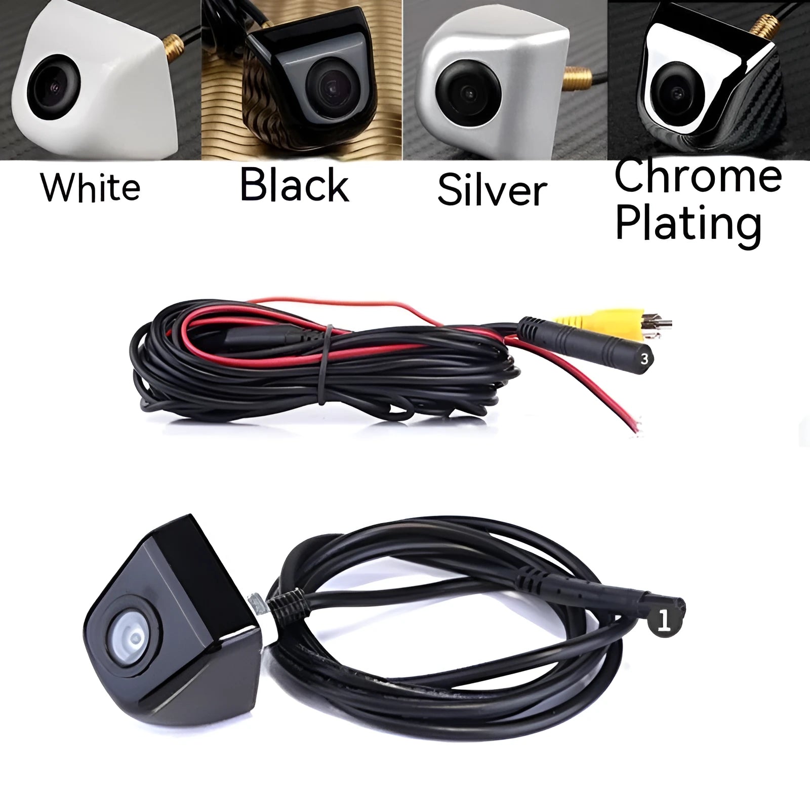 HD waterproof car rearview camera with metal shell in black, white, silver, or chrome finish