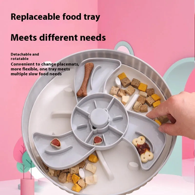 Pet food basin rotating game board slow feeder with silicone pad in blue colour with windmill pattern