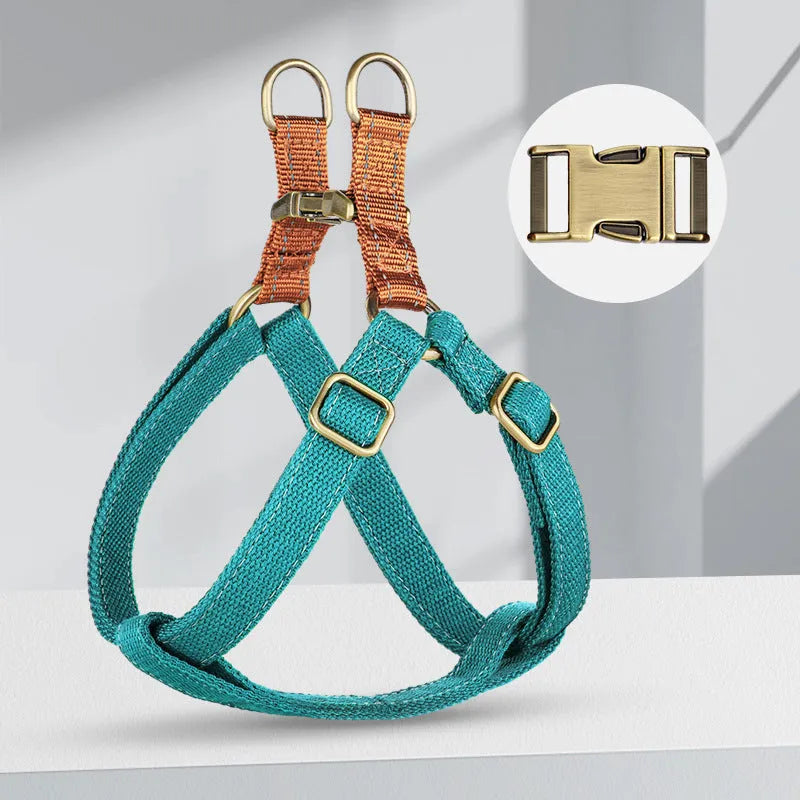 Brown vest-style dog leash harness made from cotton and nylon with metal clasp