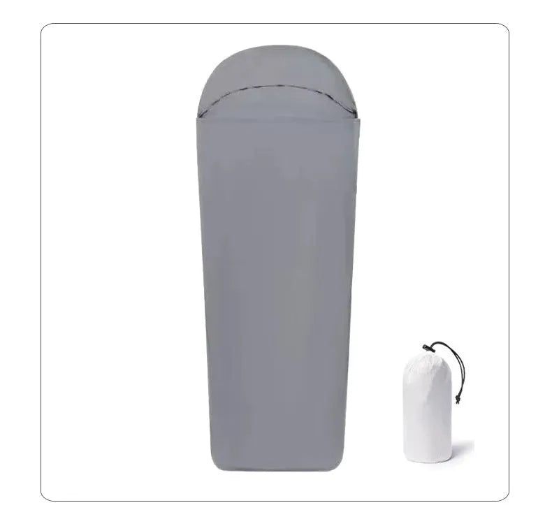 Adult blue nylon camping sleeping bag with mummy structure showing dimensions