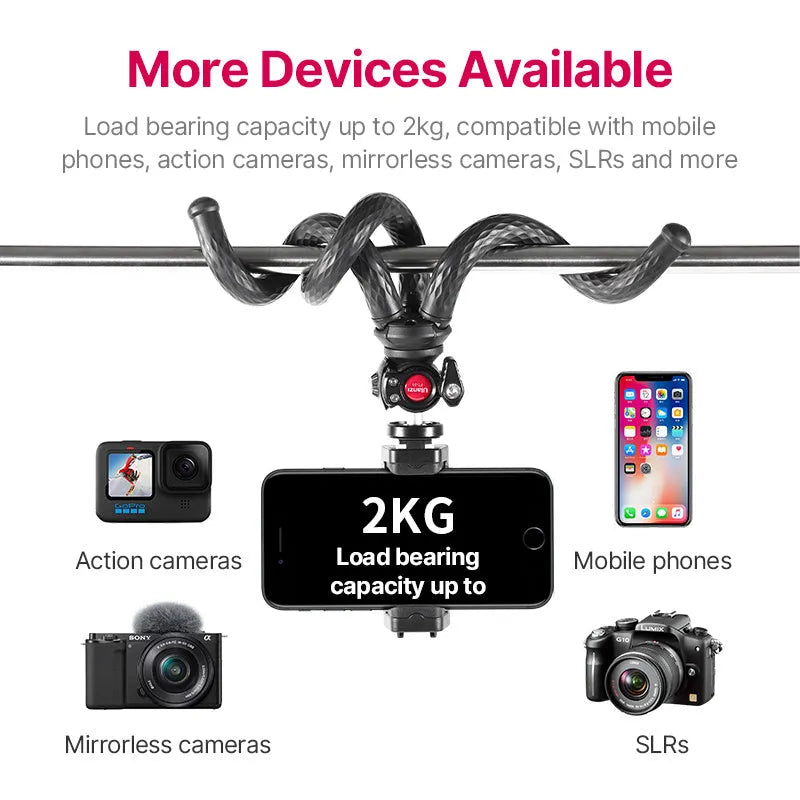 Black octopus leg mobile phone tripod with adjustable height and included phone clip