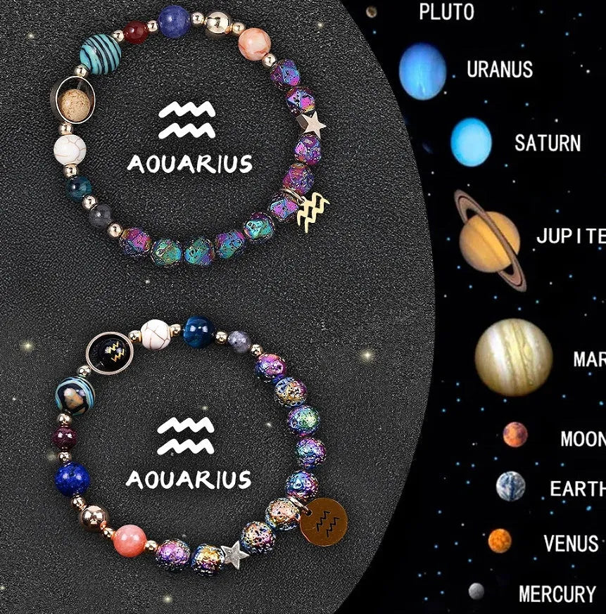 Two natural stone beaded bracelets showing zodiac sign designs on a flat surface.