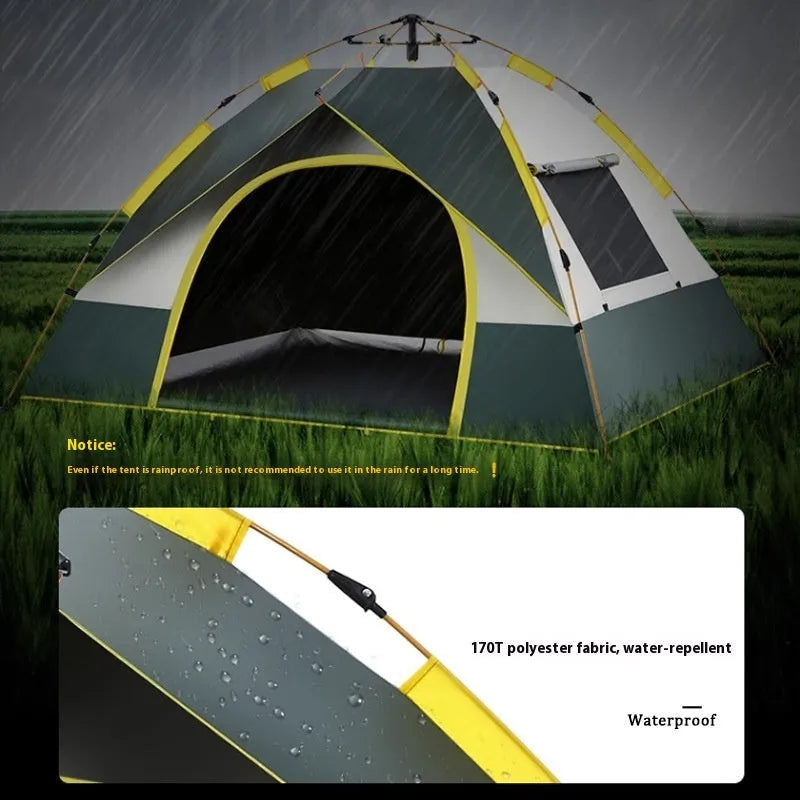 Dark green automatic camping tent for 3-4 people with silver tape coating and quick opening system