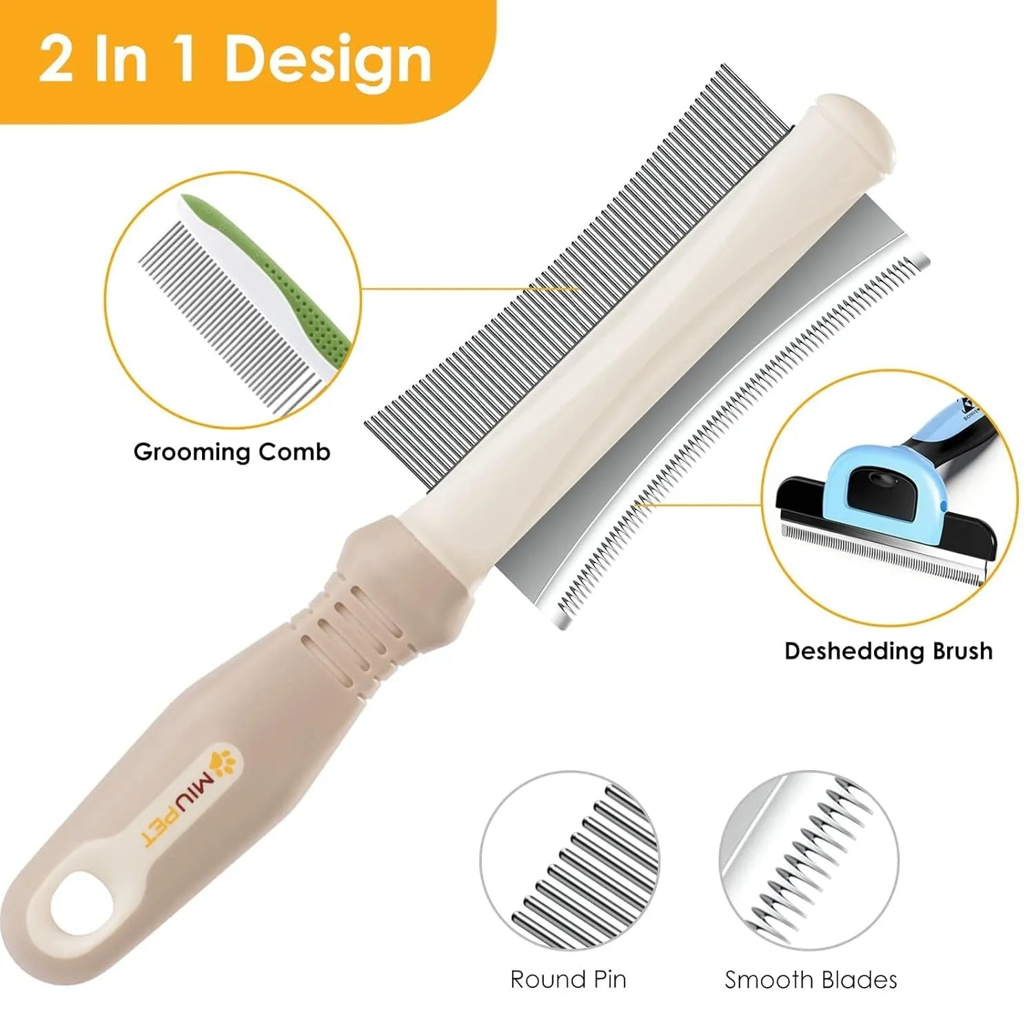 White 2-in-1 pet grooming brush showing comb side and deshedding blade side.