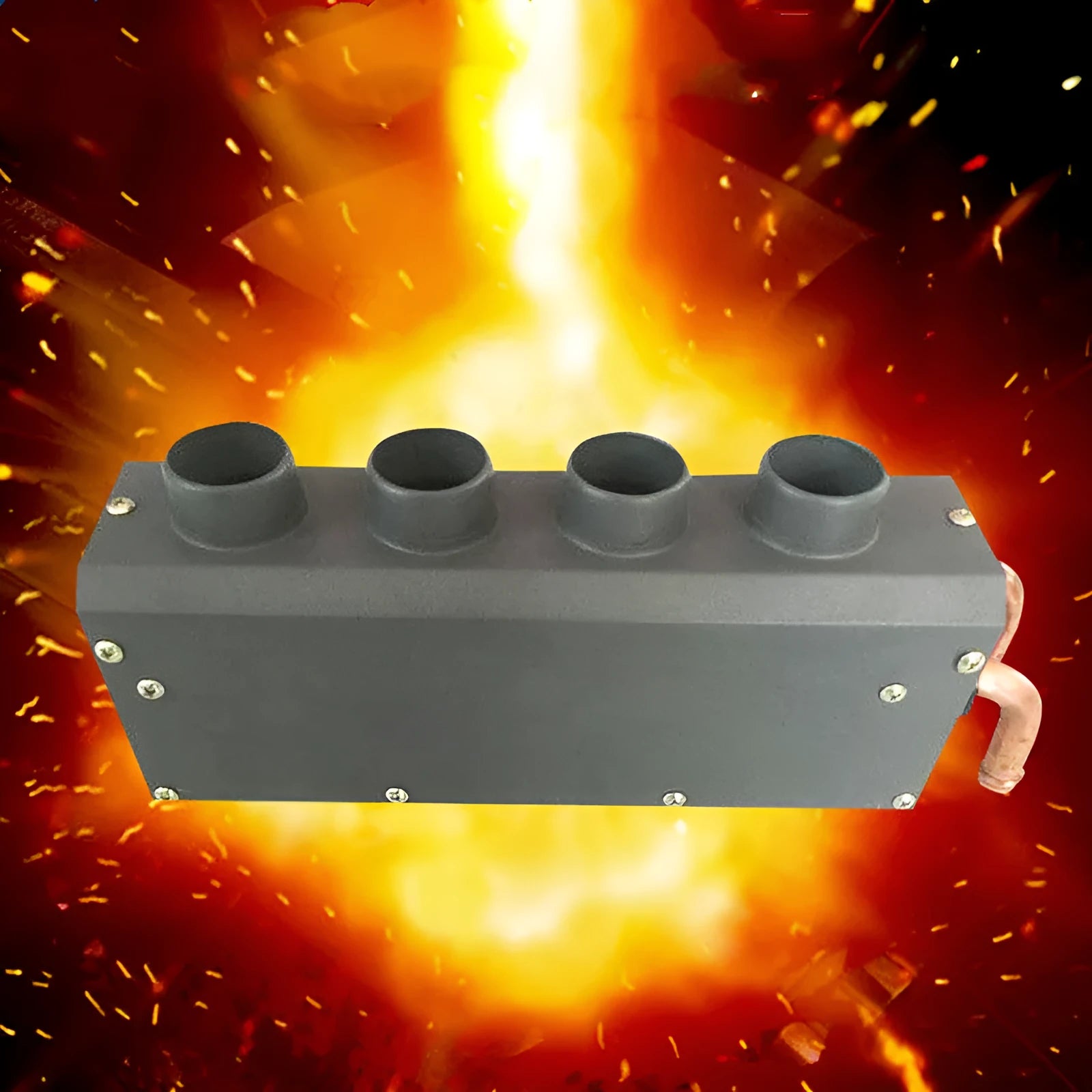 Metal car heater with four small copper pipes and two connection joints for 12V 24V vehicle heating.