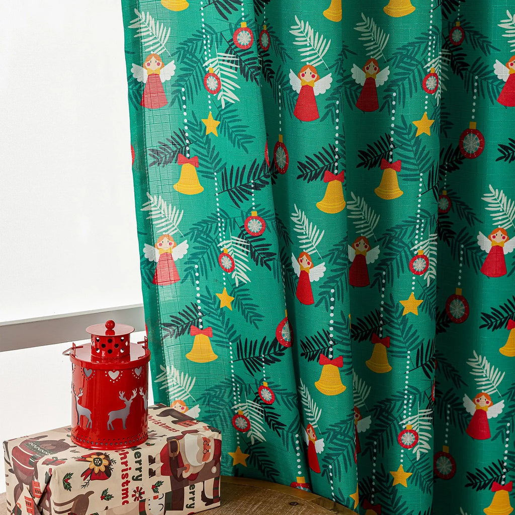 Christmas curtain with snowman and angel print pattern in green colour, American style design for living room windows