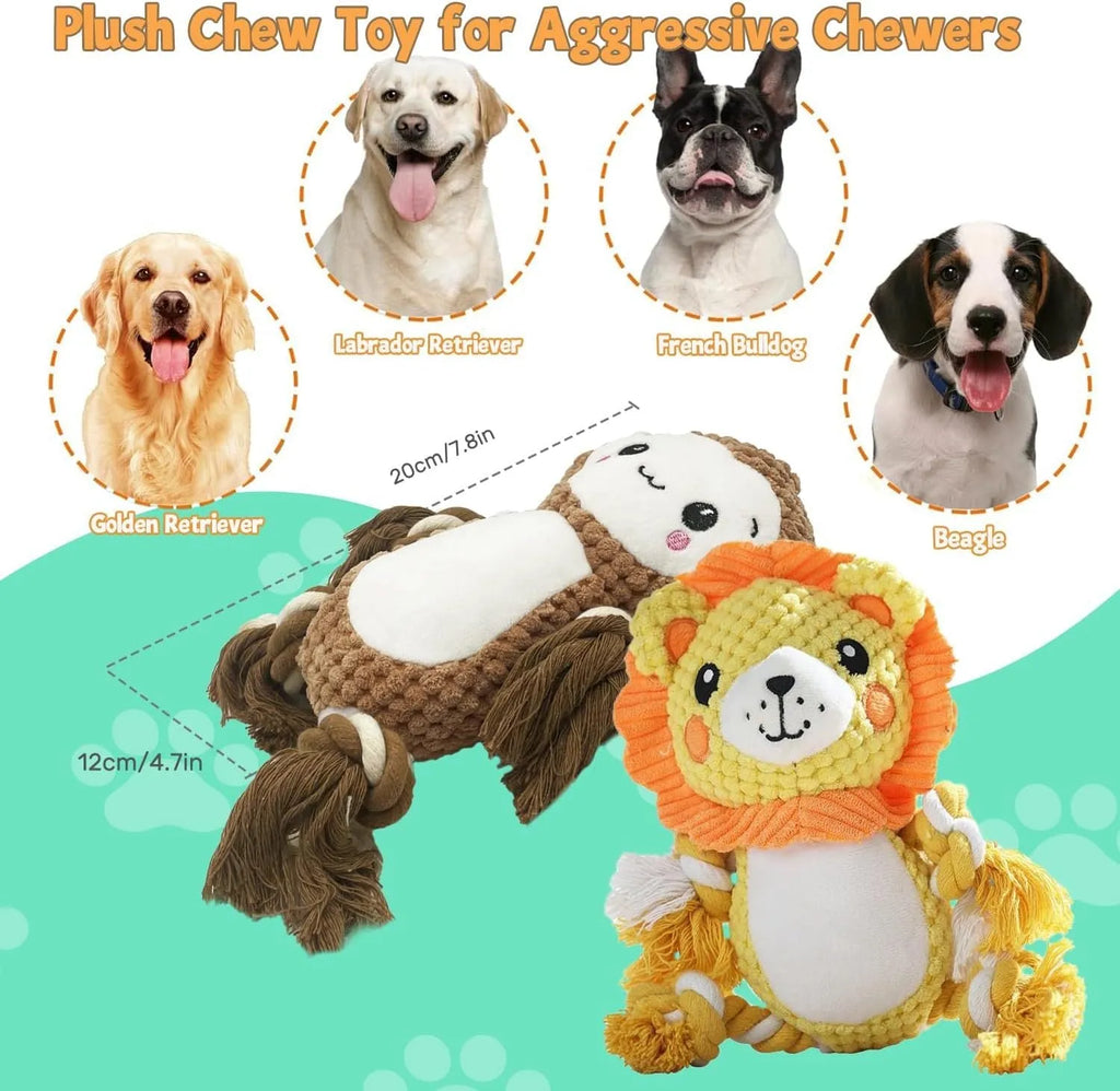 Plush squeaky dog toys showing lion and monkey designs for medium to large dogs