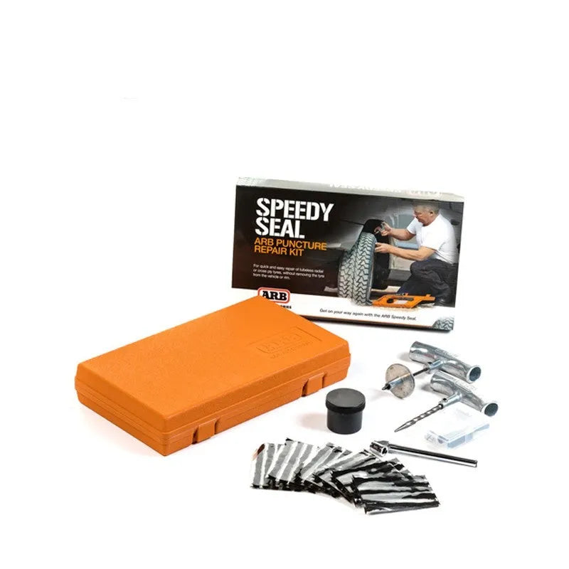 Car tyre repair tool kit with pressure gauge, insertion tool, reamer tool, and rubber strips in high-visibility case